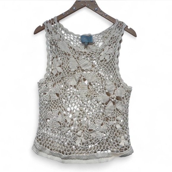 Skies Are Blue Tops - Skies Are Blue Ivory Floral Crochet Tank Top Sheer Blouse, Summer Boho Festival
